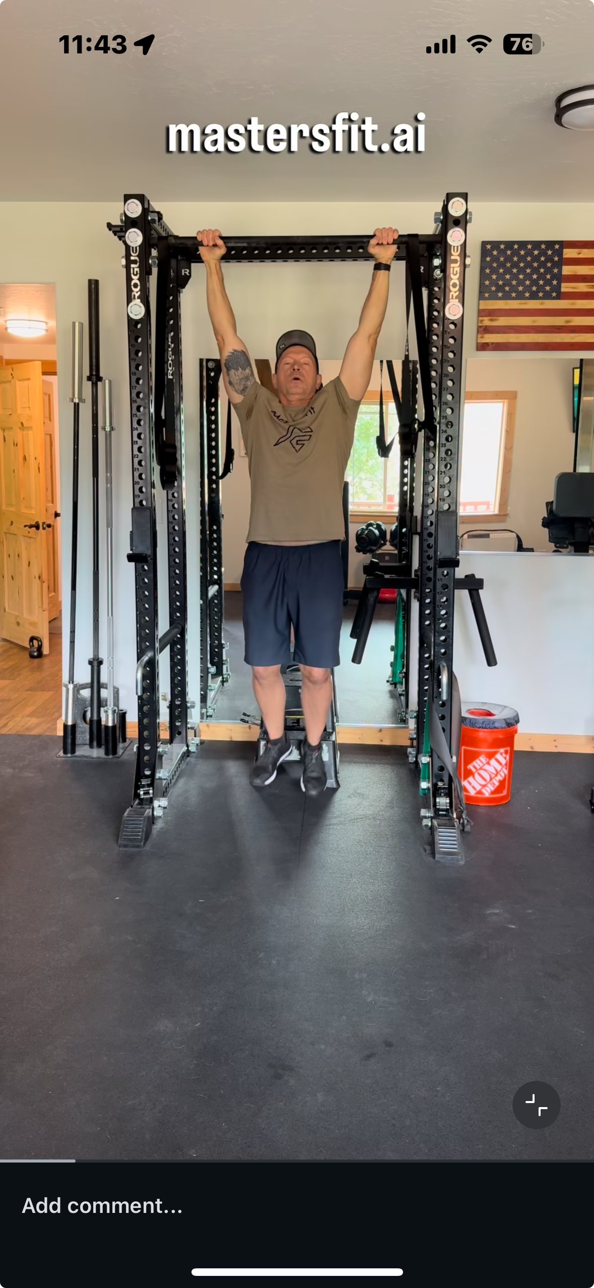 MastersFit Instagram post showing pull-up training in home gym
